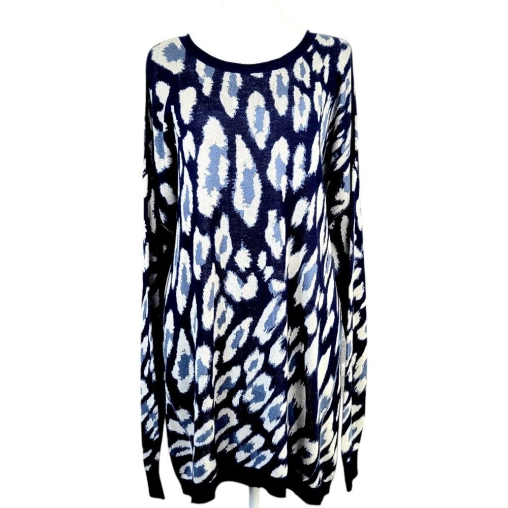 NWT Womens XL Wonderly Navy Animal Print Oversized Long Sleeve High-Low Sweater